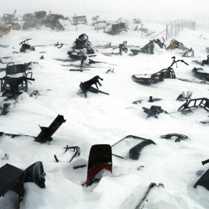 A skidoo graveyard in the remote arctic village of Ivujivik, Nunavik, Quebec, Canada, April 2006.